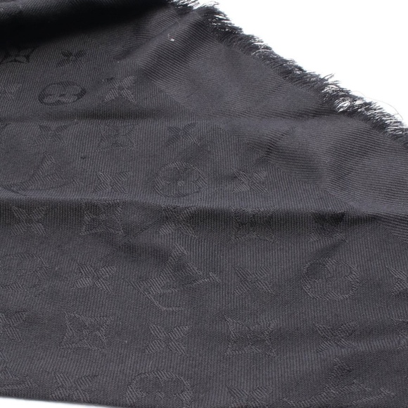 LOUIS VUITTON LV EUC MONOGRAM SHAWL SILK WOOL FUR BLACK - Picture 4 of 7